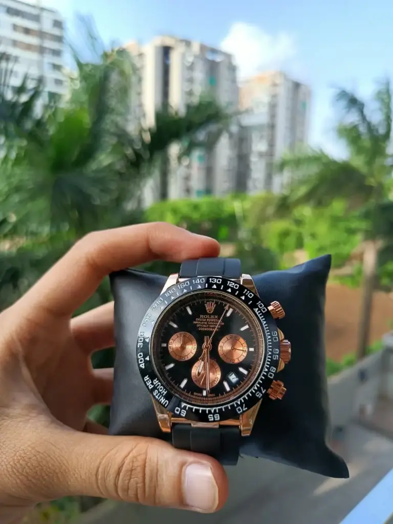 Luxury Rose Gold & Black Chronograph Watch on Rubber Strap