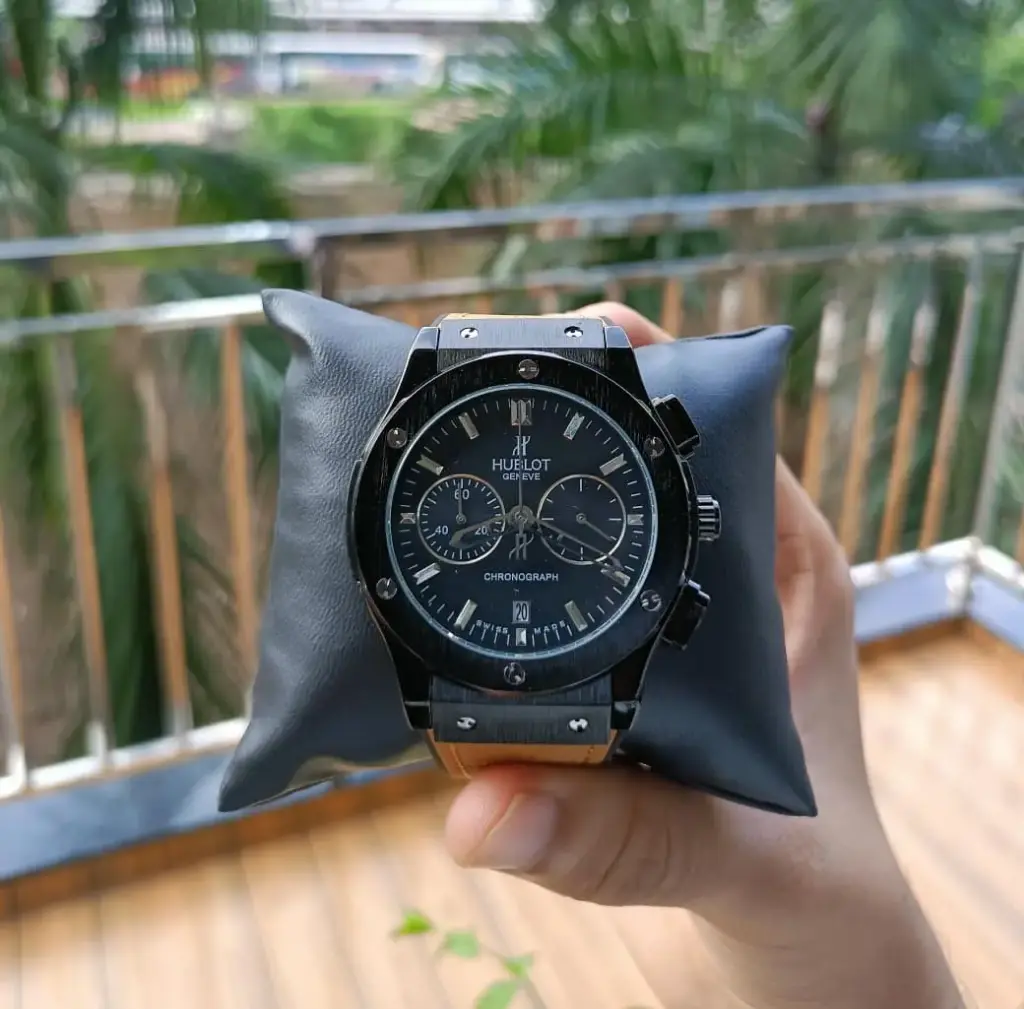 Hublot Black Ceramic Chronograph with Gold Accents and Textured Dial