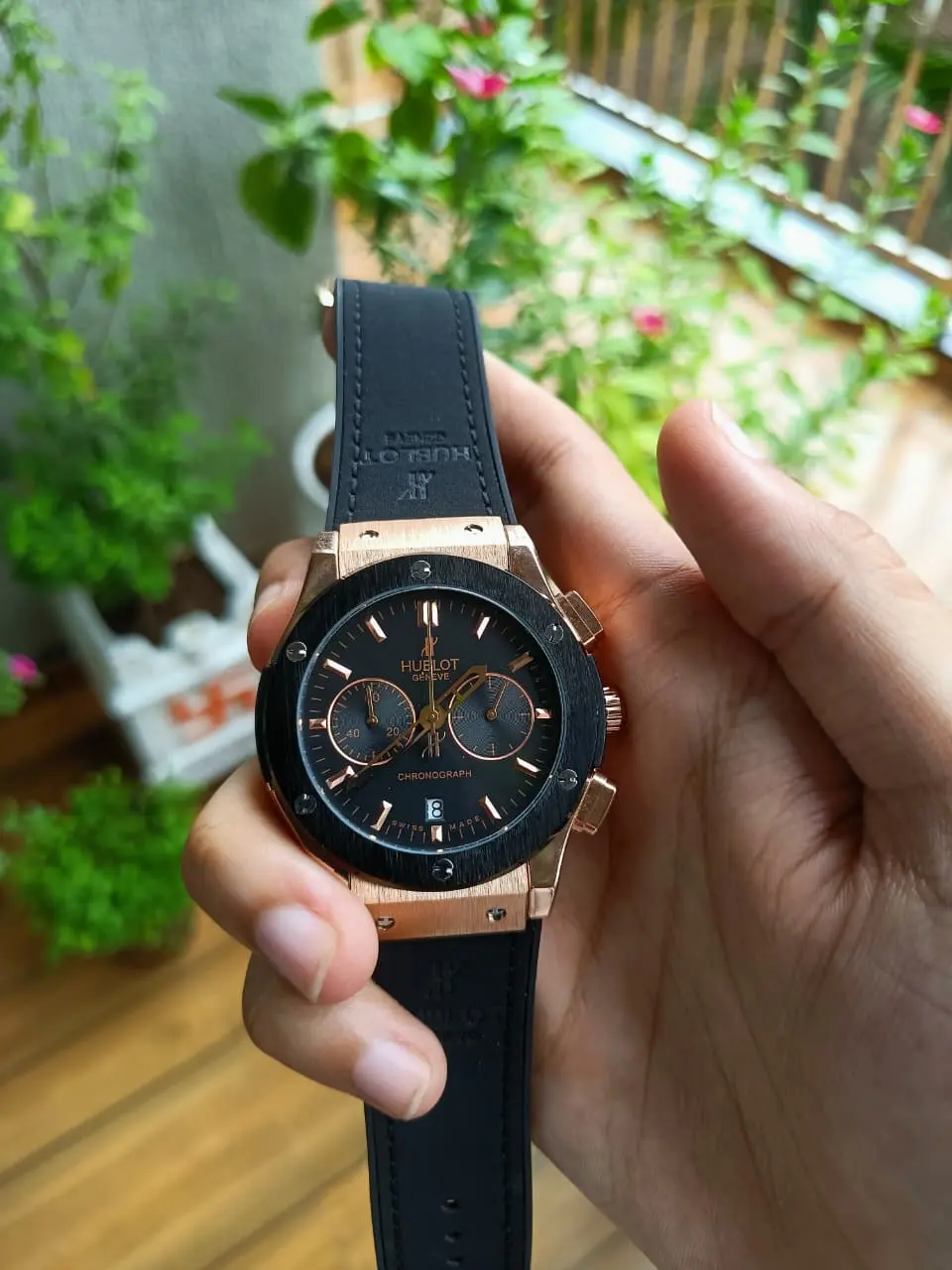Hublot Rose Gold & Black Chronograph Watch with Iconic H-Screws
