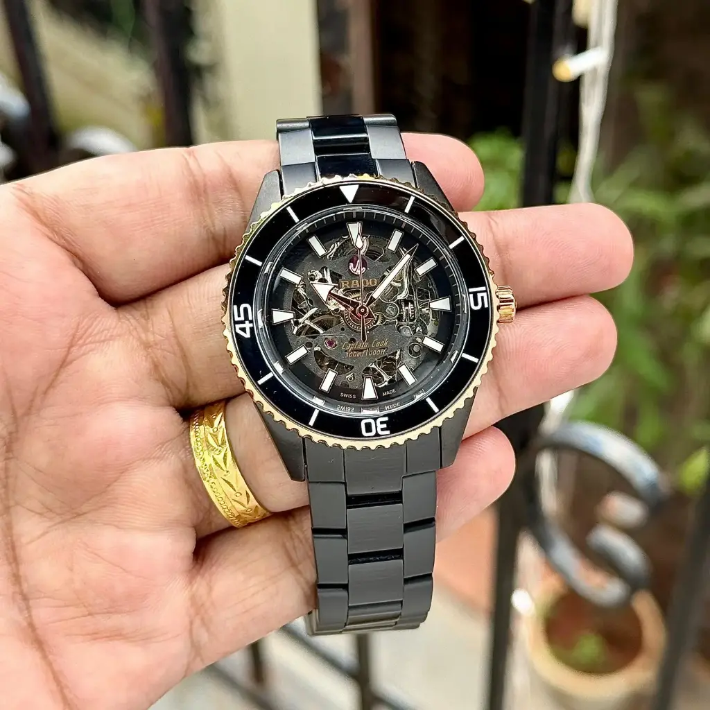 Black & Gold Automatic Skeleton Dive Watch on Black Bracelet