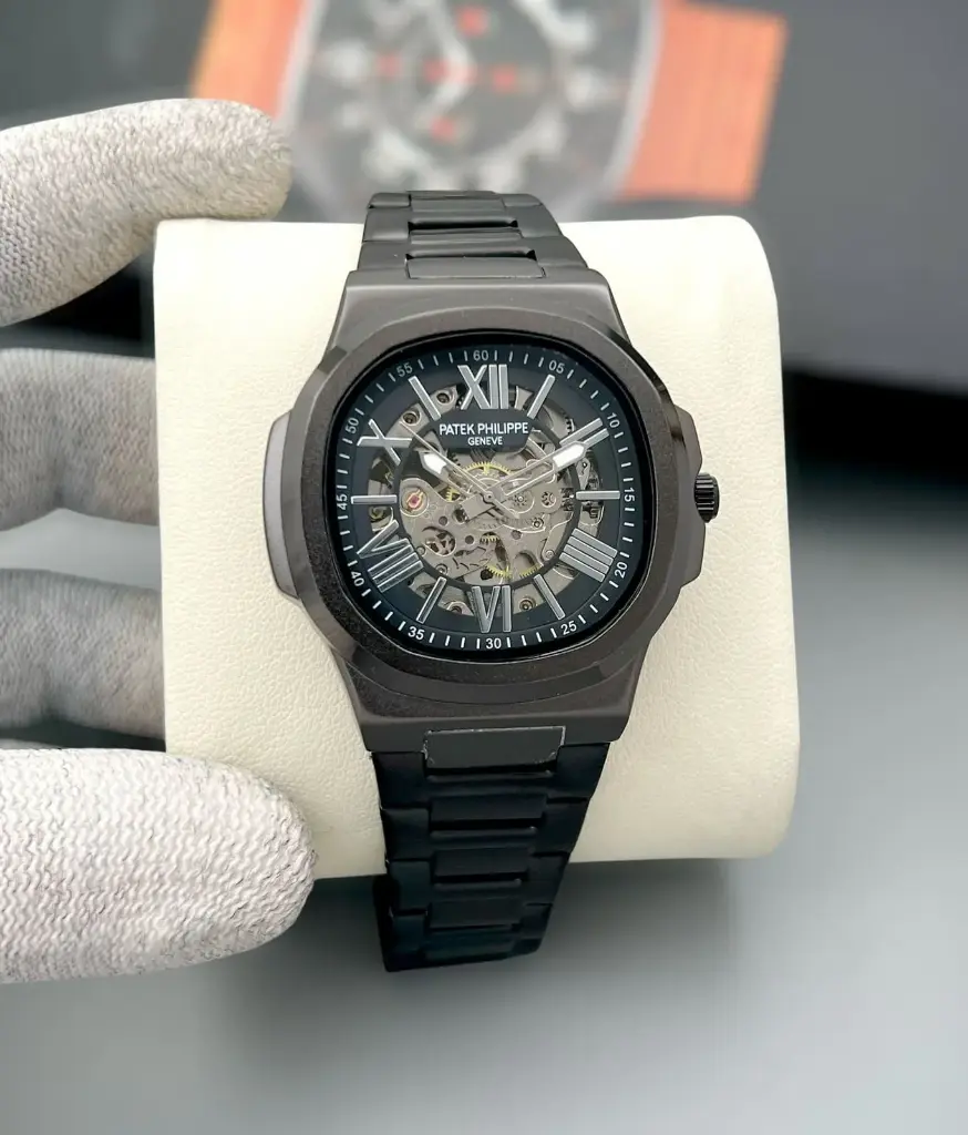 Black PVD Skeleton Automatic Watch with Integrated Bracelet and Roman Numerals