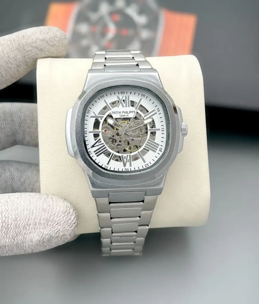 Stainless Steel Automatic Skeleton Watch with White/Silver Dial and Integrated Bracelet