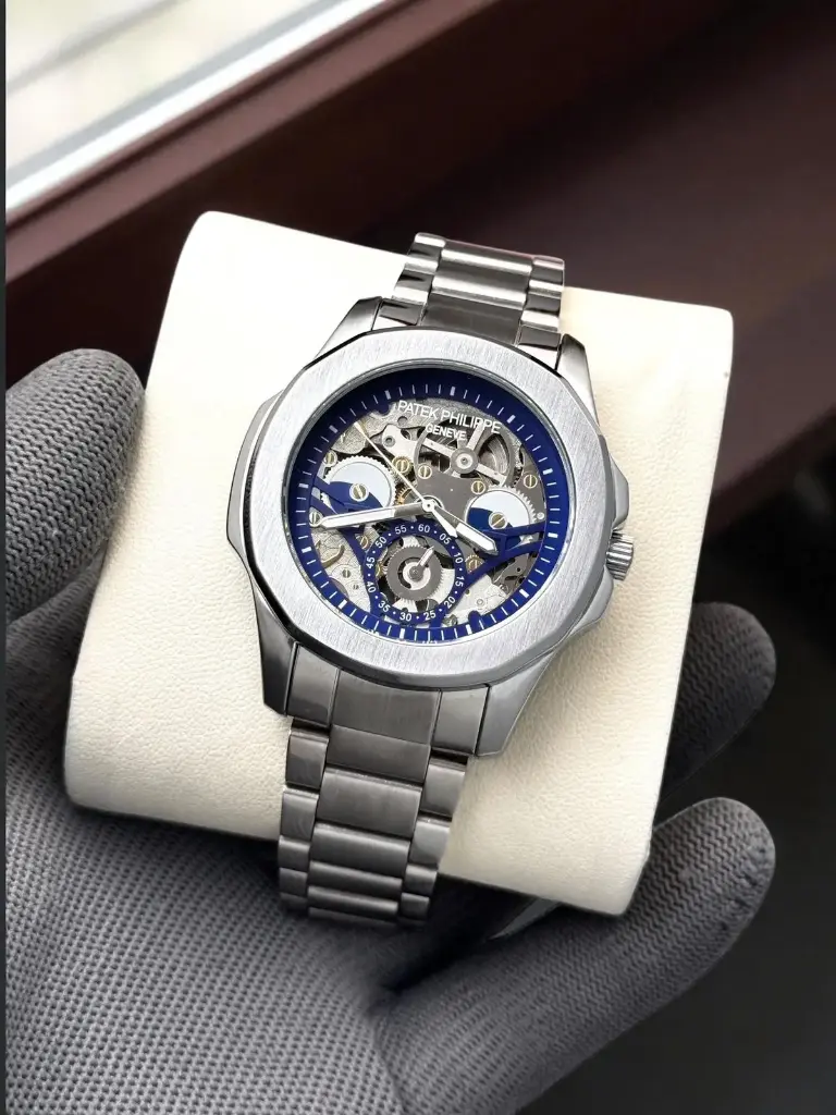 Complex Automatic Skeleton Watch with Blue Accents and Multi-Function Subdials