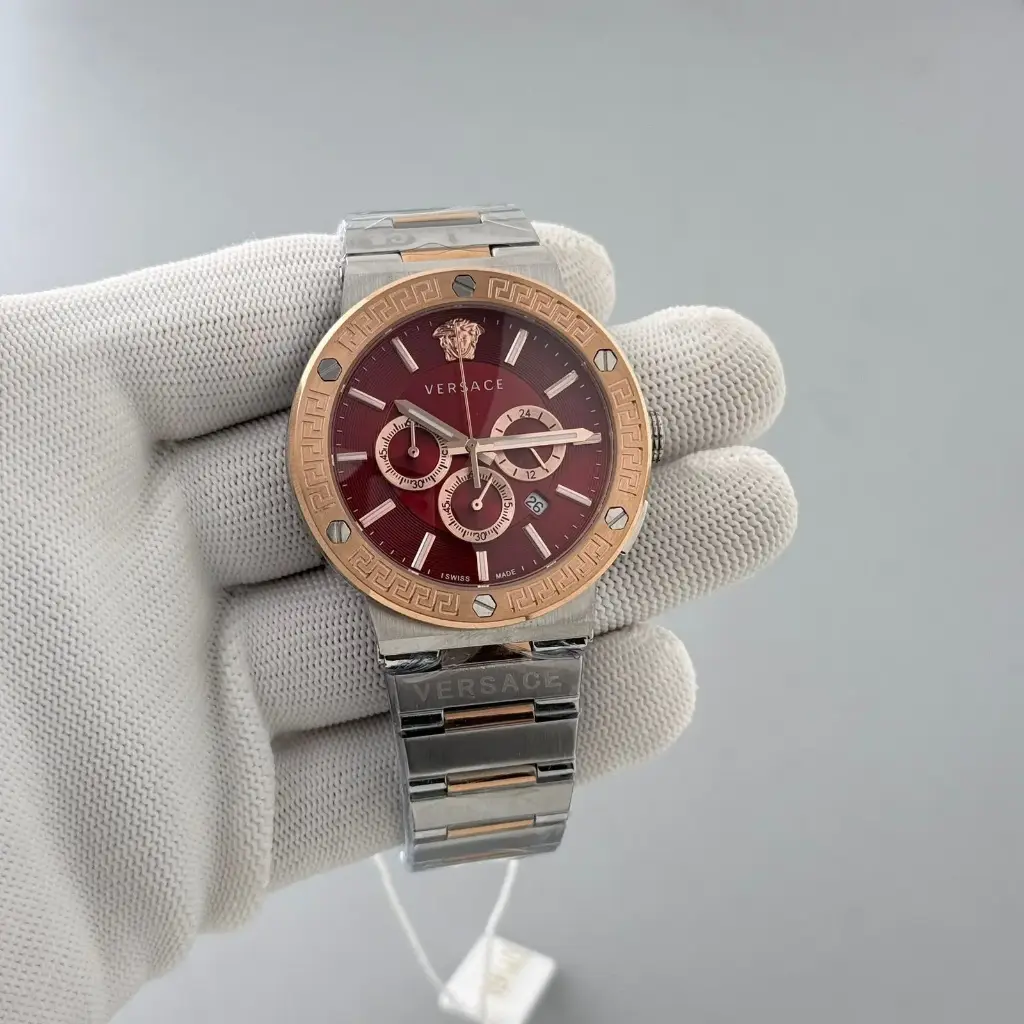 Versace Two-Tone Chronograph Watch with Red Dial and Greca Bezel