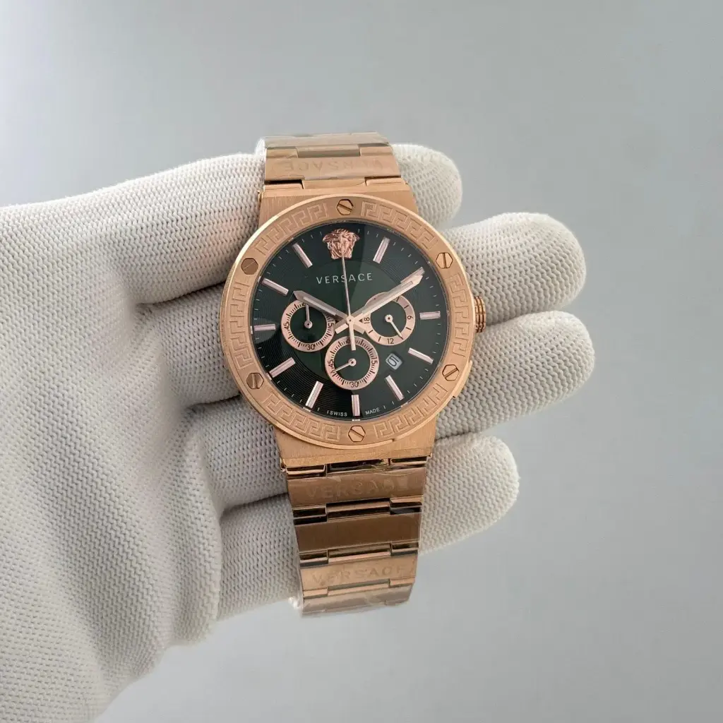 Versace All-Rose-Gold Chronograph Watch with Greca Bezel and Black Dial