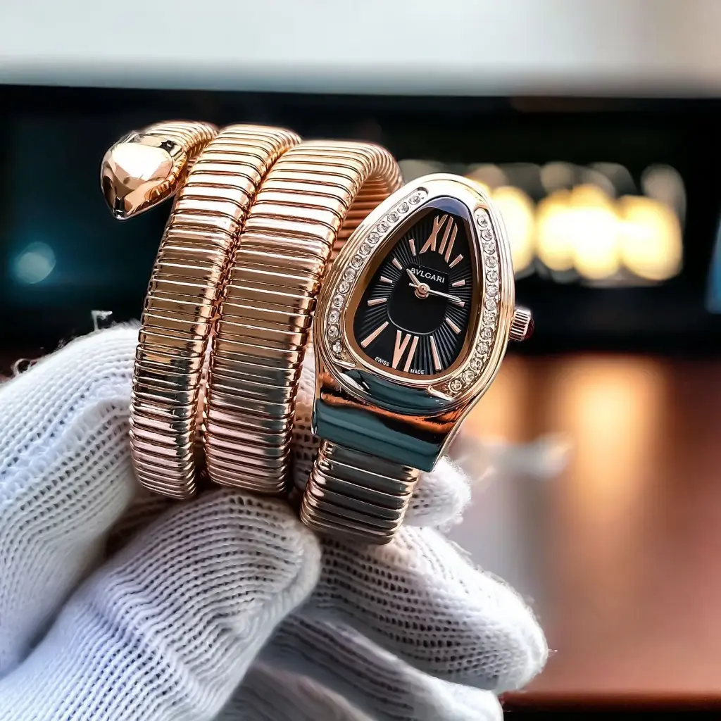 Bvlgari Serpenti Tubogas All-Rose-Gold Double Spiral Watch with Diamond Bezel and Black Dial