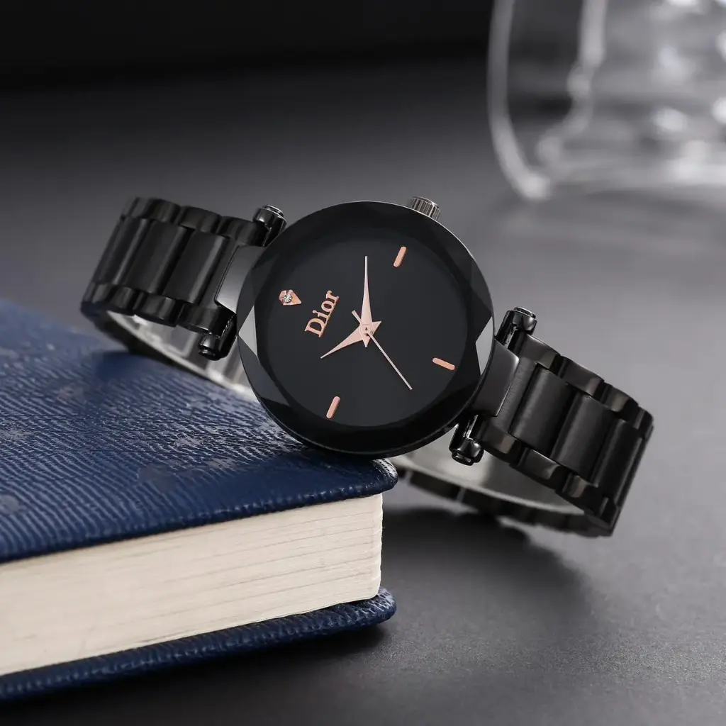Elegant All-Black Fashion Watch with Faceted Bezel and Rose Gold Accents